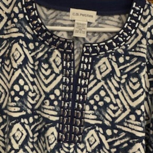 Dark Blue and White Resort Tunic with beaded neckline - Picture 3 of 4